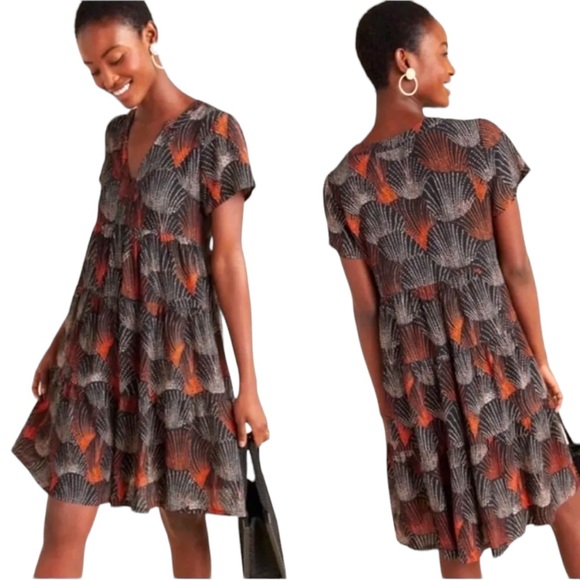 Anthropologie Maeve Tania Black Printed Tiered Rayon Tunic Dress - M - Picture 2 of 15